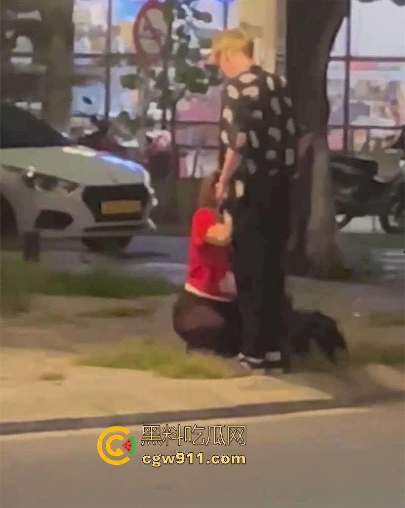 越南岘港街头，深夜惊现野战男女，金发女子大胆尝试当街跪舔黄毛大屌，连撸带吸玩深喉，真会玩 ！-6